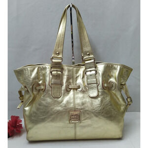 Dooney & Bourke Metallic Gold Leather Double Handles Drawstring Tote Bag